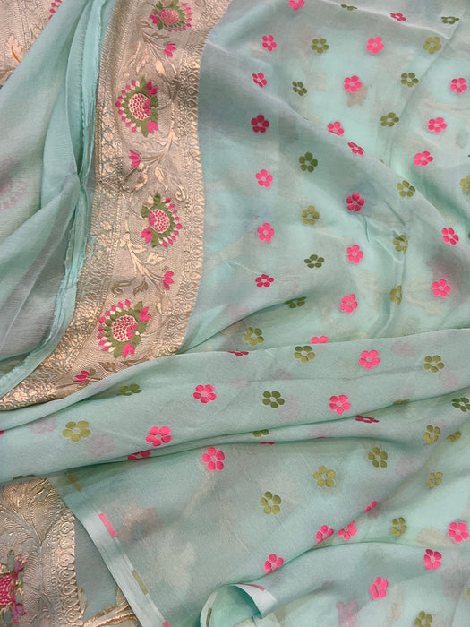 Shadow Green Khaddi Georgette Banarasi Handloom Saree - Meenakari