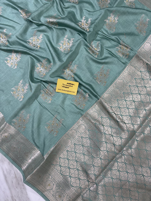 Teal Gray Pure Chiniya Banarasi Handloom Saree