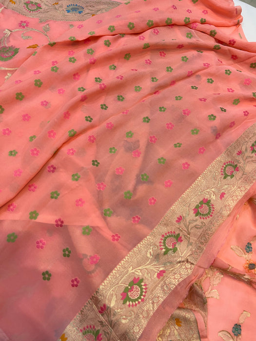 Dirty Peach Khaddi Georgette Banarasi Handloom Saree - Meenakari