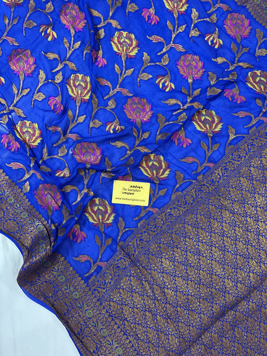Royal Blue Pure Khaddi Chiffon Banarasi Saree - Meenakari Work
