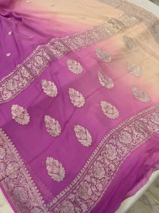 Cream Lavender Pure Kadhwa Chiffon Georgette Banarasi Saree