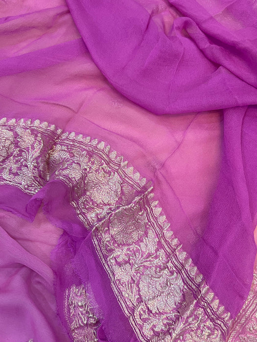 Cream Lavender Pure Kadhwa Chiffon Georgette Banarasi Saree