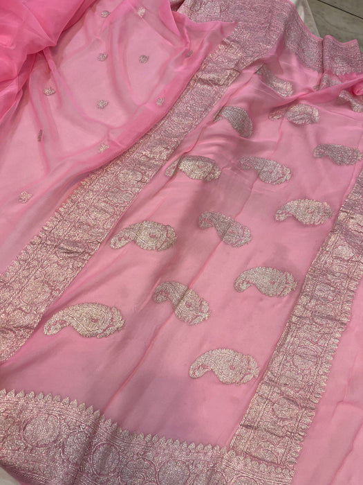 Double Pink Pure Kadhwa Chiffon Georgette Banarasi Saree