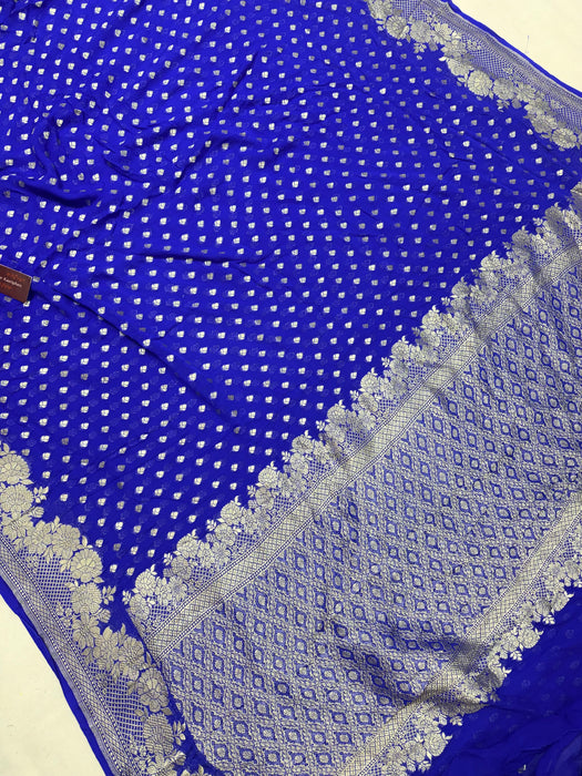 Royal Blue Khaddi Georgette Banarasi Handloom Saree - Water Zari