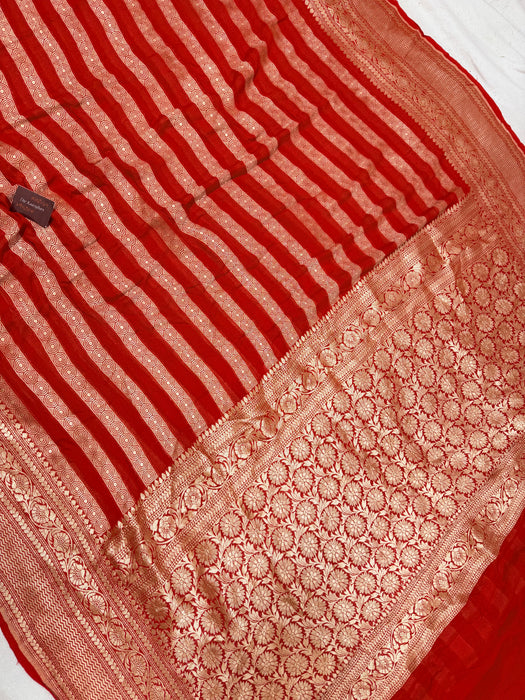 Red Khaddi Georgette Banarasi Handloom Saree - Water Zari