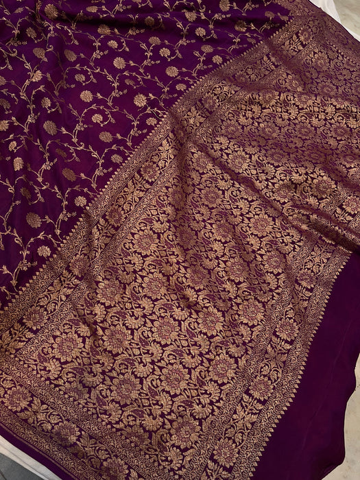 Dark Purple Pure Khaddi Crepe Banarasi Handloom Saree