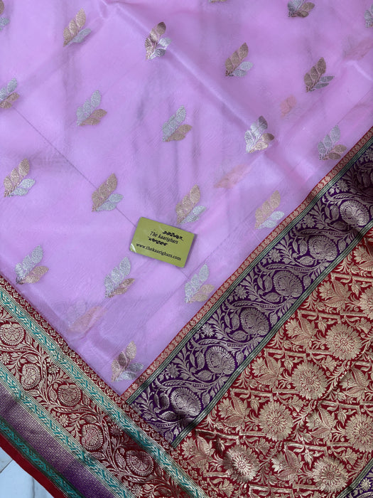 Baby Pink Pure Kora Banarasi Handloom Saree - Sona Roopa Work