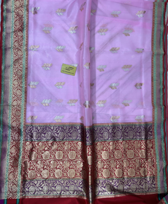 Baby Pink Pure Kora Banarasi Handloom Saree - Sona Roopa Work