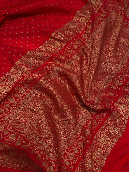 Red Pure Khaddi Crepe Banarasi Handloom Saree
