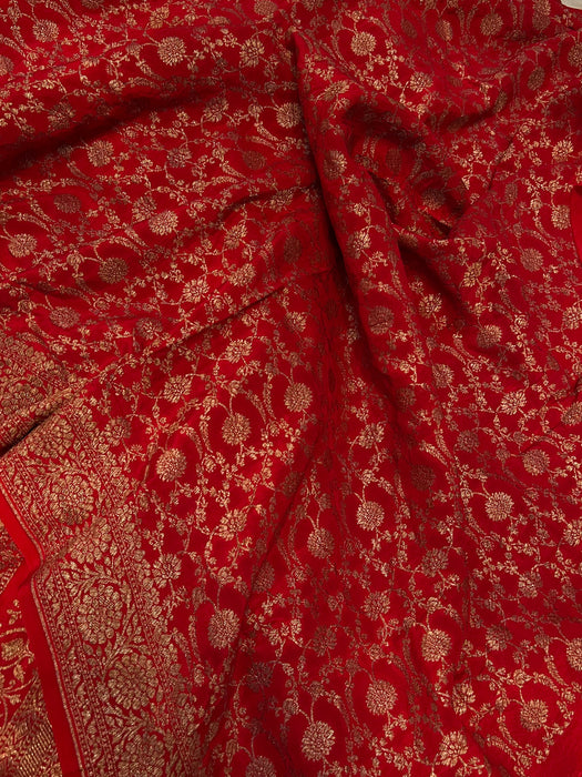 Red Pure Khaddi Crepe Banarasi Handloom Saree
