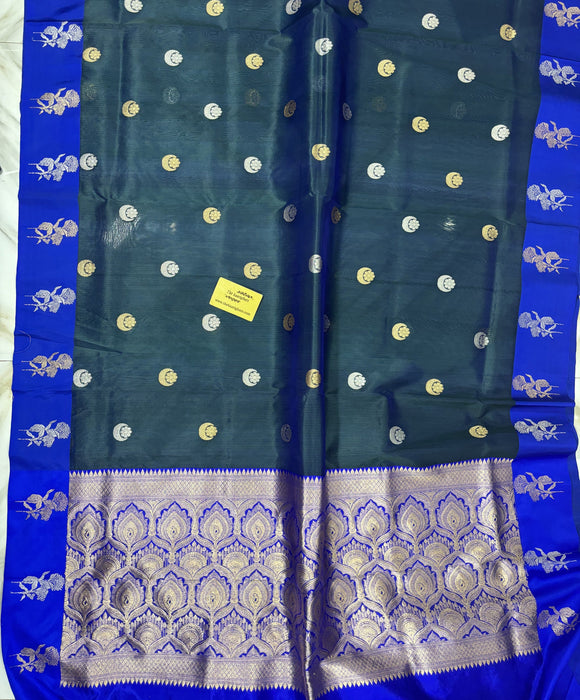 Blue Pure Kora Banarasi Handloom Saree - Sona Roopa Work