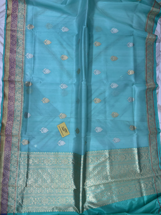Glacier Pure Kora Banarasi Handloom Saree - Sona Roopa Work