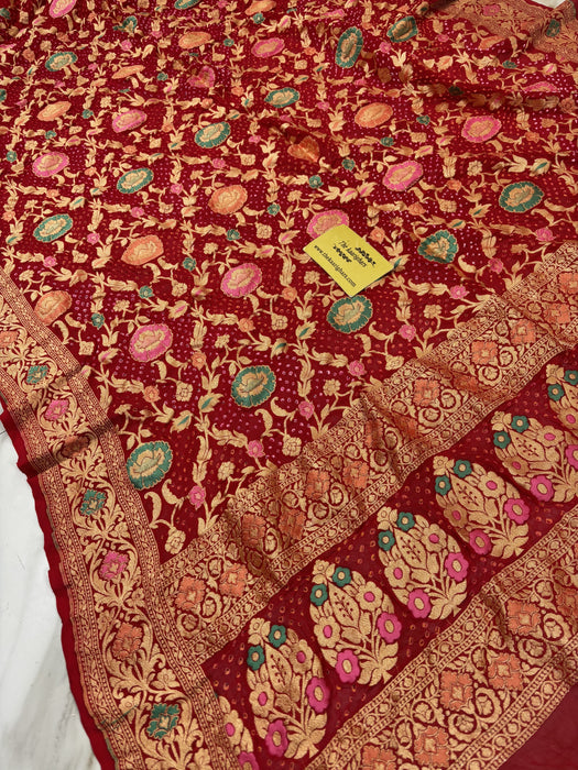 Red Pure Bandhani Banarasi Handloom Dupatta - Meenakari