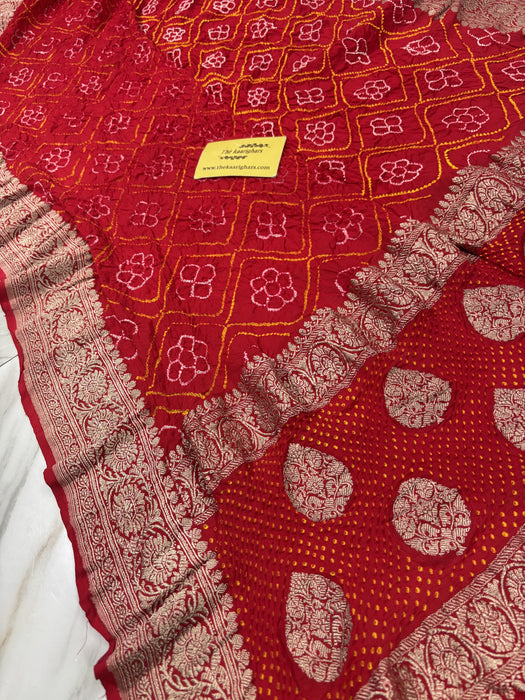 Red Pure Georgette Bandhani Banarasi Handloom Dupatta