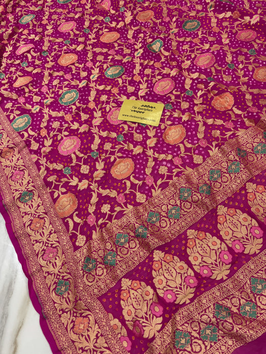 Red Pure Bandhani Banarasi Handloom Dupatta - Meenakari