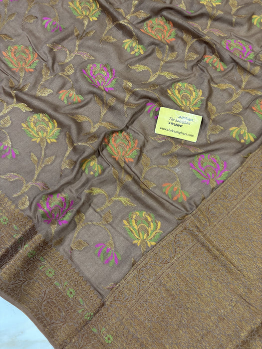 Warm Gray Pure Moonga Banarasi Handloom Saree - Antique Zari