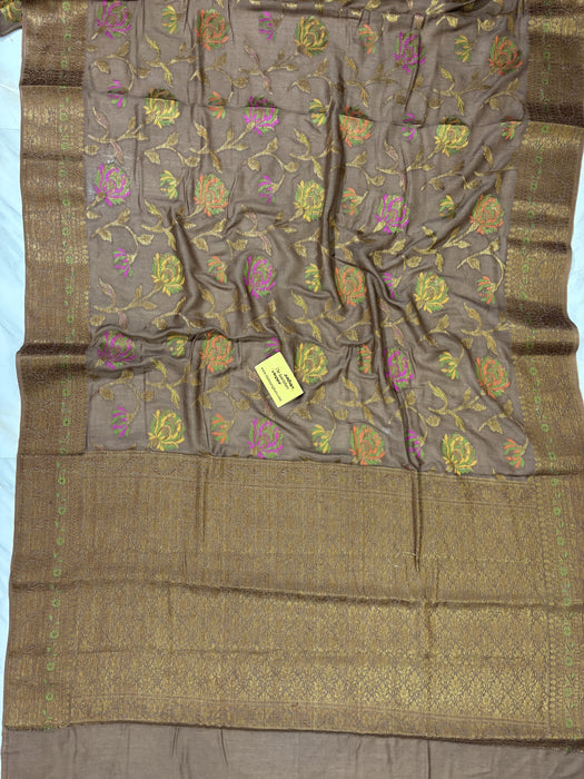 Warm Gray Pure Moonga Banarasi Handloom Saree - Antique Zari