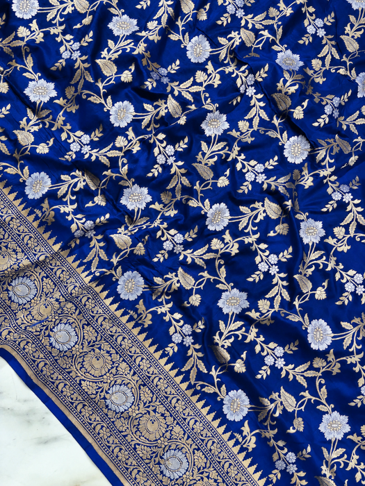 Royal Blue Pure Katan Banarasi Handloom Saree - Sona Roopa motifs