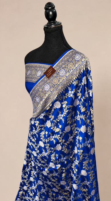 Royal Blue Pure Katan Banarasi Handloom Saree - Sona Roopa motifs