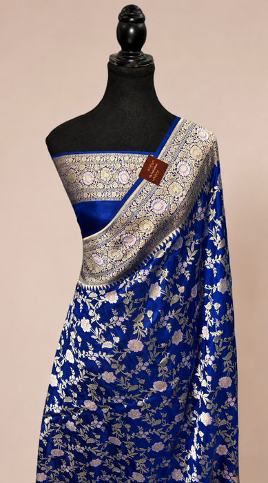 Royal Blue Pure Katan Banarasi Handloom Saree - Sona Roopa motifs