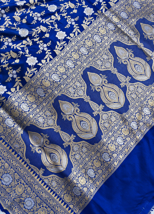 Royal Blue Pure Katan Banarasi Handloom Saree - Sona Roopa motifs
