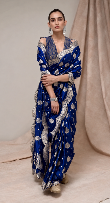 Blue Pure Katan Banarasi Handloom Saree - Sona Roopa motifs