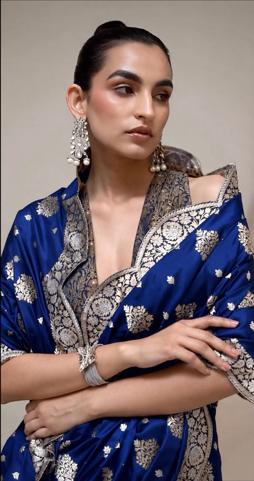 Blue Pure Katan Banarasi Handloom Saree - Sona Roopa motifs