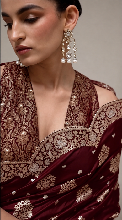 Italian Maroon Pure Katan Banarasi Handloom Saree - Sona Roopa motifs