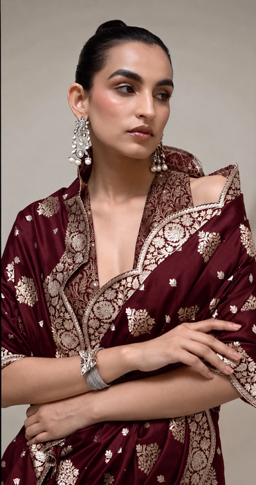 Italian Maroon Pure Katan Banarasi Handloom Saree - Sona Roopa motifs