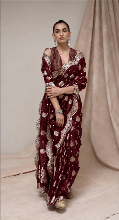 Italian Maroon Pure Katan Banarasi Handloom Saree - Sona Roopa motifs