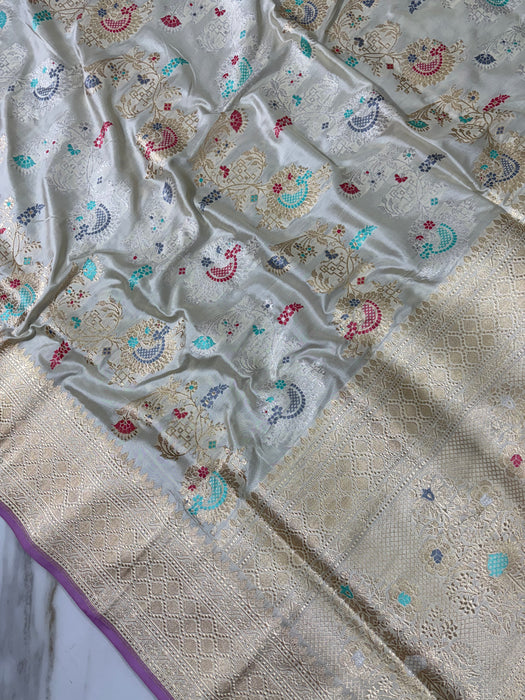Ektara Pure Katan Silk Banarasi Handloom Saree - Silver and Gold Kadhiyal Jangla with Tested Zari