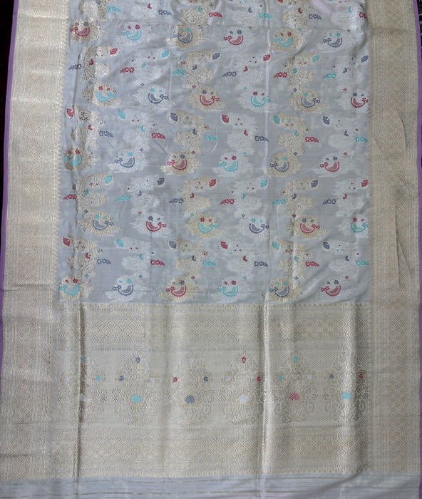 Ektara Pure Katan Silk Banarasi Handloom Saree - Silver and Gold Kadhiyal Jangla with Tested Zari