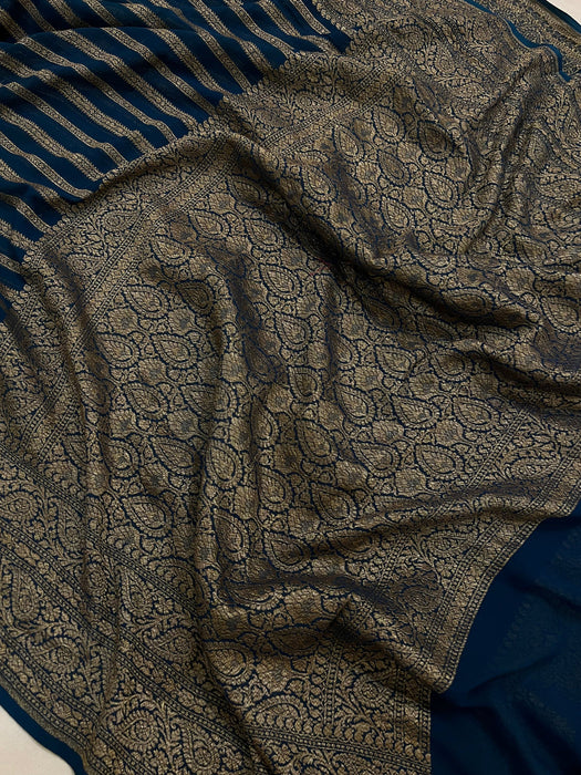Midnight Khaddi Georgette Banarasi Handloom Saree - Antique Zari