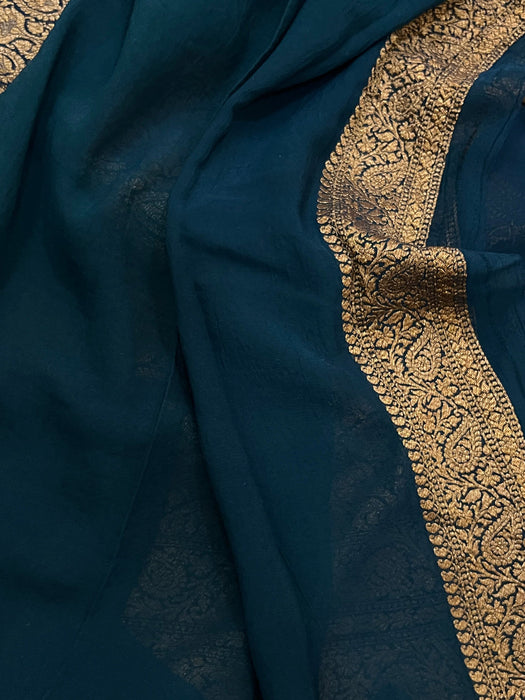 Midnight Khaddi Georgette Banarasi Handloom Saree - Antique Zari