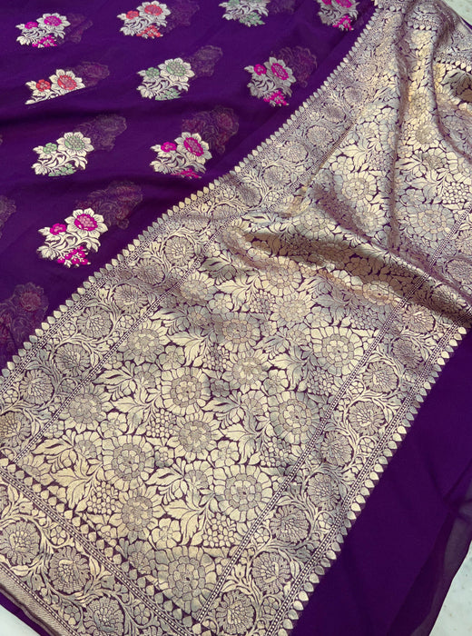 Dirty Purple Khaddi Georgette Banarasi Handloom Saree - Meenakari