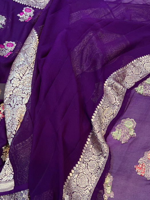 Dirty Purple Khaddi Georgette Banarasi Handloom Saree - Meenakari