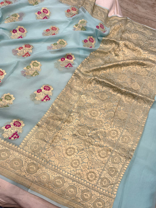 Cloudy Blue Khaddi Georgette Banarasi Handloom Saree - Meenakari