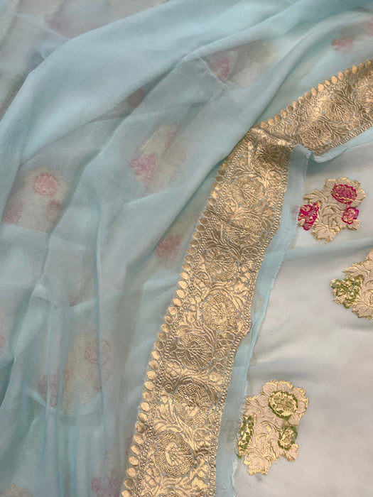 Cloudy Blue Khaddi Georgette Banarasi Handloom Saree - Meenakari