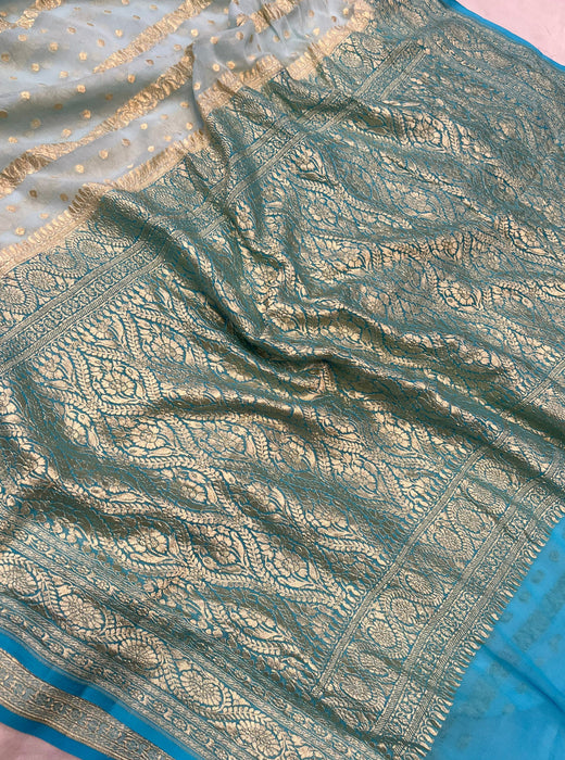 Cloudy Blue Pure Khaddi Georgette Banarasi Saree - Water zari