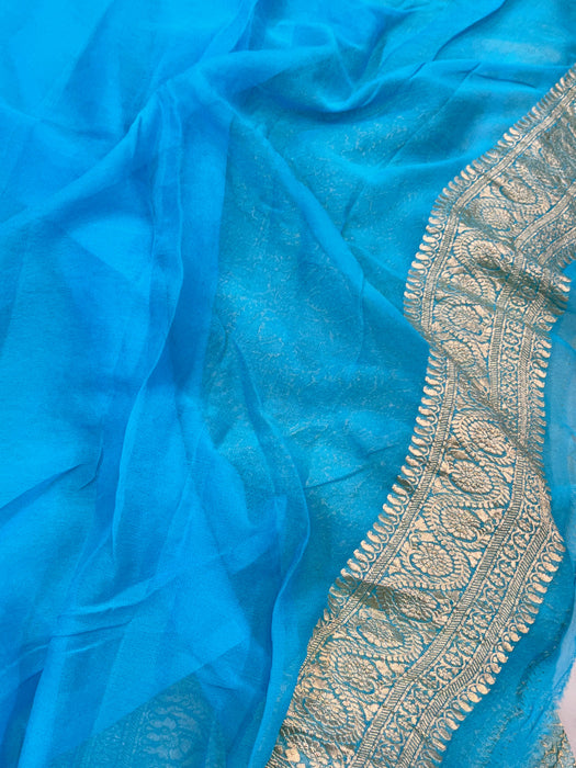 Cloudy Blue Pure Khaddi Georgette Banarasi Saree - Water zari
