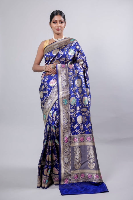 Blue Pure Katan Banarasi Handloom Saree - Meenakari Jaal Work