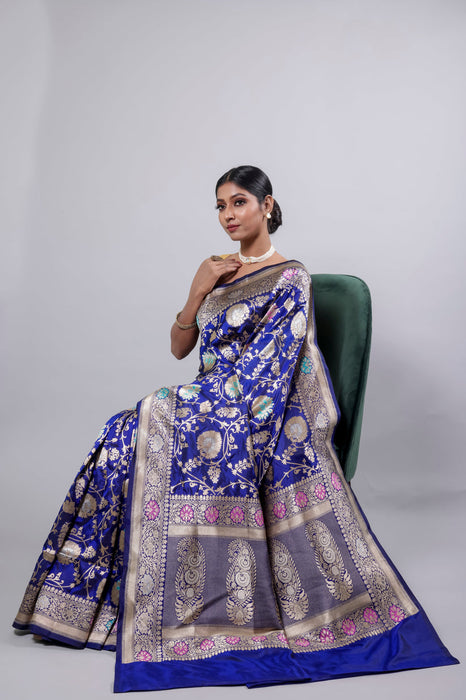 Blue Pure Katan Banarasi Handloom Saree - Meenakari Jaal Work