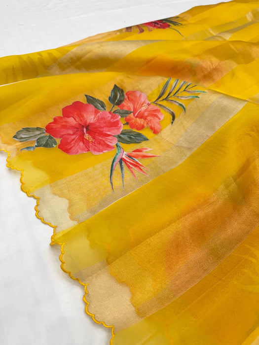 Gold Pure Banarasi Tissue Organza Handloom Saree - Sona Roopa Stripes
