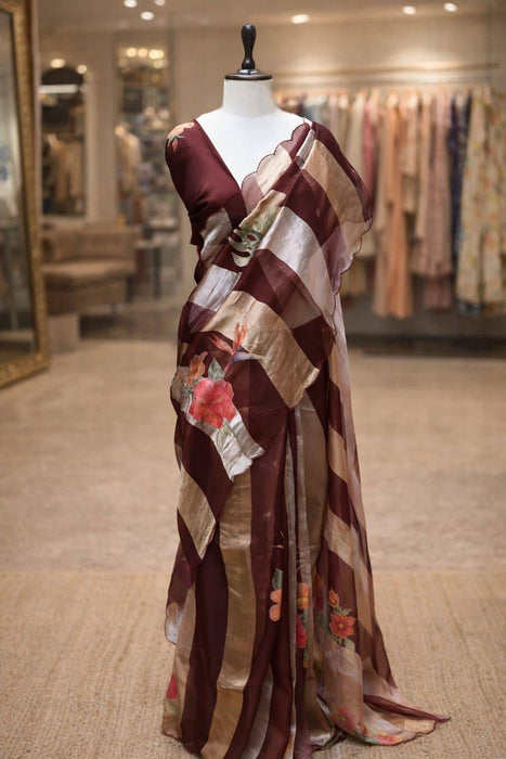Brown Pure Banarasi Tissue Organza Handloom Saree - Sona Roopa Stripes