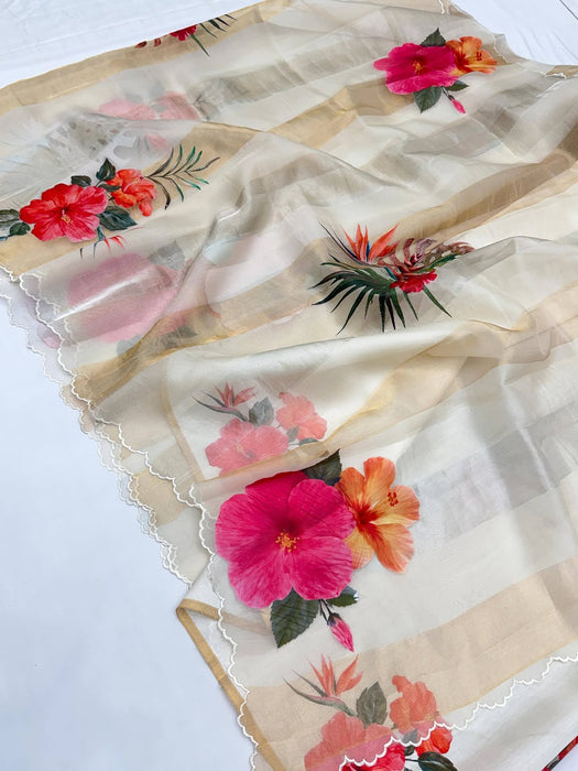 Off white Pure Banarasi Tissue Organza Handloom Saree - Sona Roopa Stripes