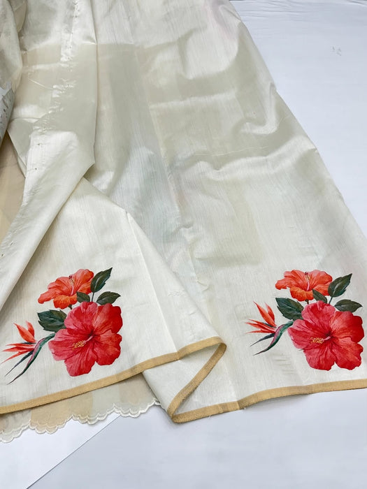 Off white Pure Banarasi Tissue Organza Handloom Saree - Sona Roopa Stripes