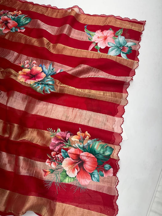 Maroonish Red Pure Banarasi Tissue Organza Handloom Saree - Sona Roopa Stripes