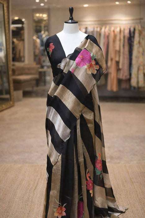 Black Pure Banarasi Tissue Organza Handloom Saree - Sona Roopa Stripes