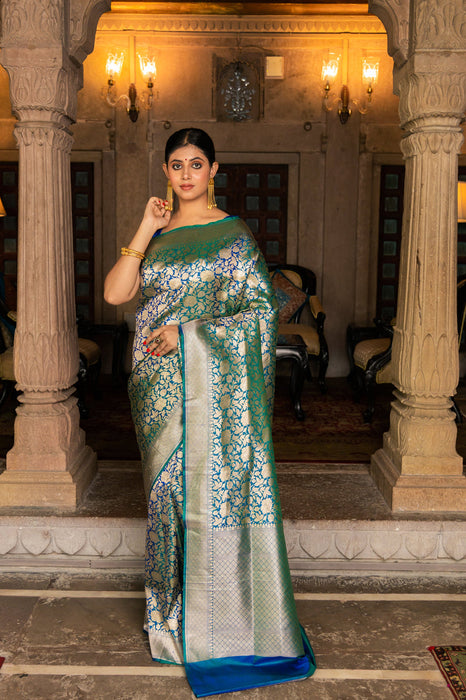 Soft Midnight Pure Katan Banarasi Handloom Saree - Sona Jaal Work