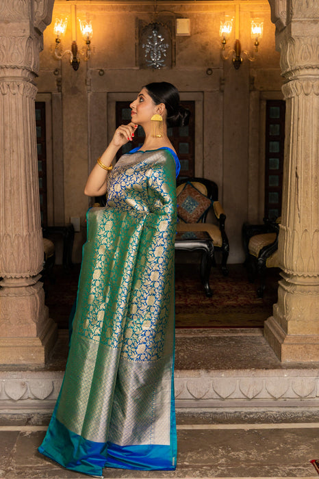 Soft Midnight Pure Katan Banarasi Handloom Saree - Sona Jaal Work